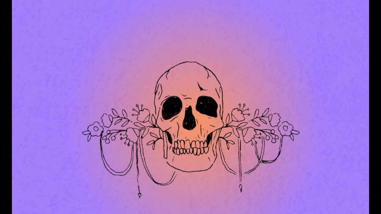 Animation of skull with flowers over light spot on purple background