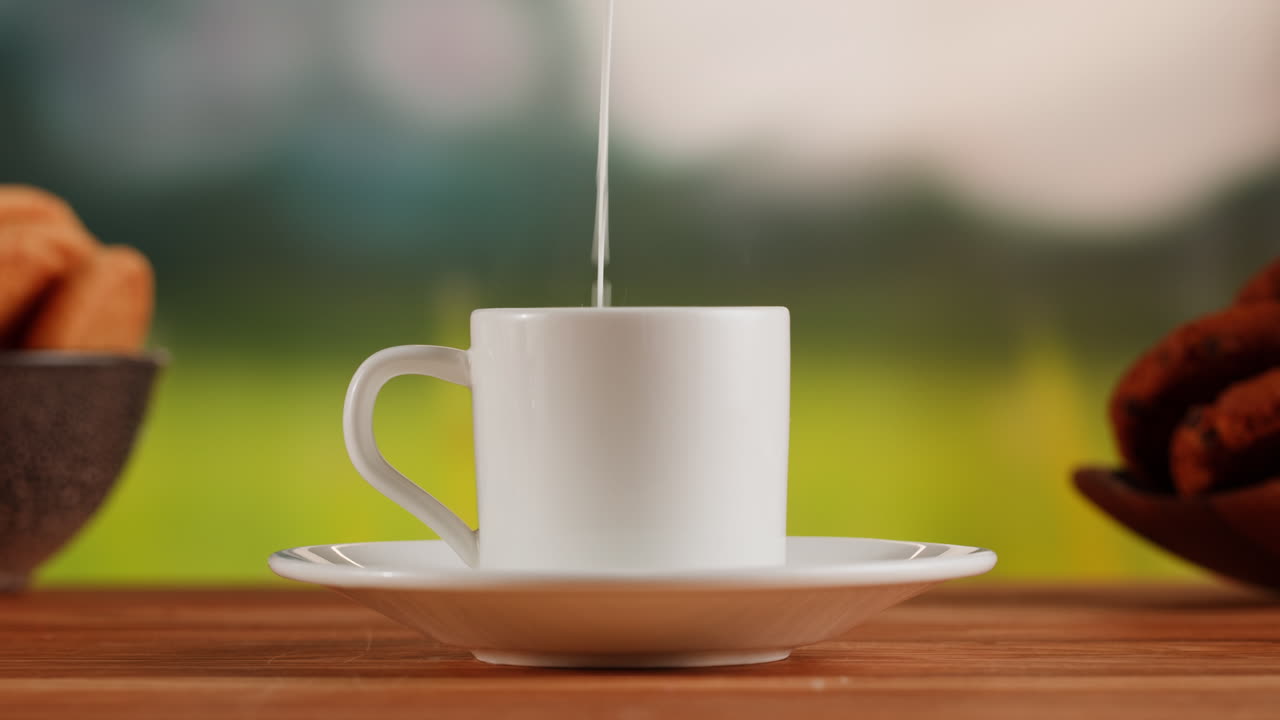 vertiendo leche en una taza de café