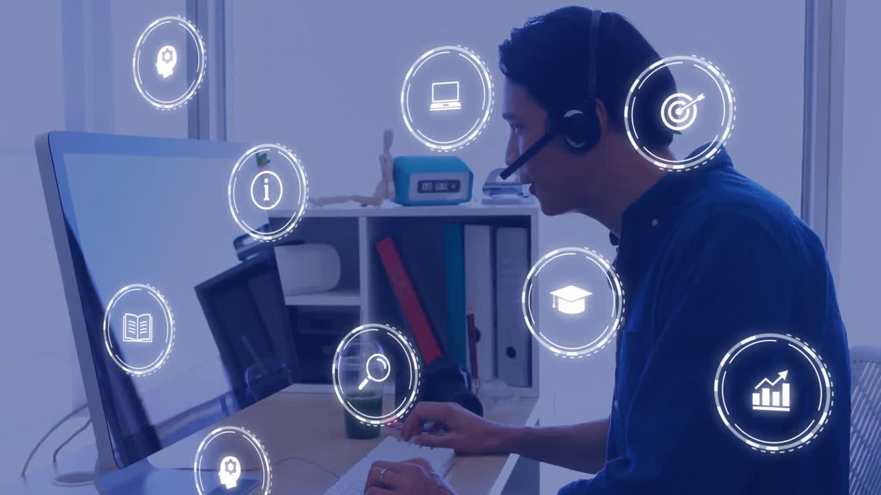 animación de iconos de la educación que caen sobre hombres caucásicos usando una computadora portátil