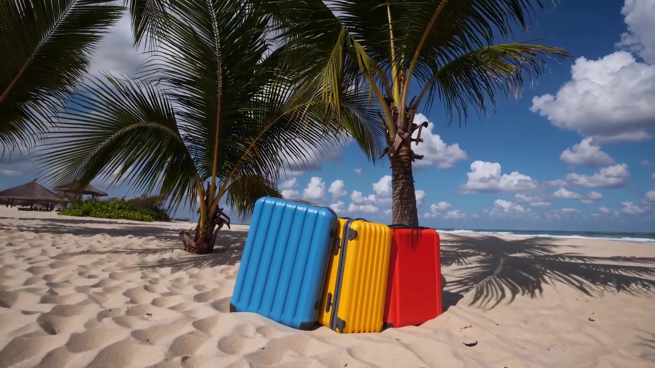 Valises colorées sous des palmiers sur une plage tropicale
