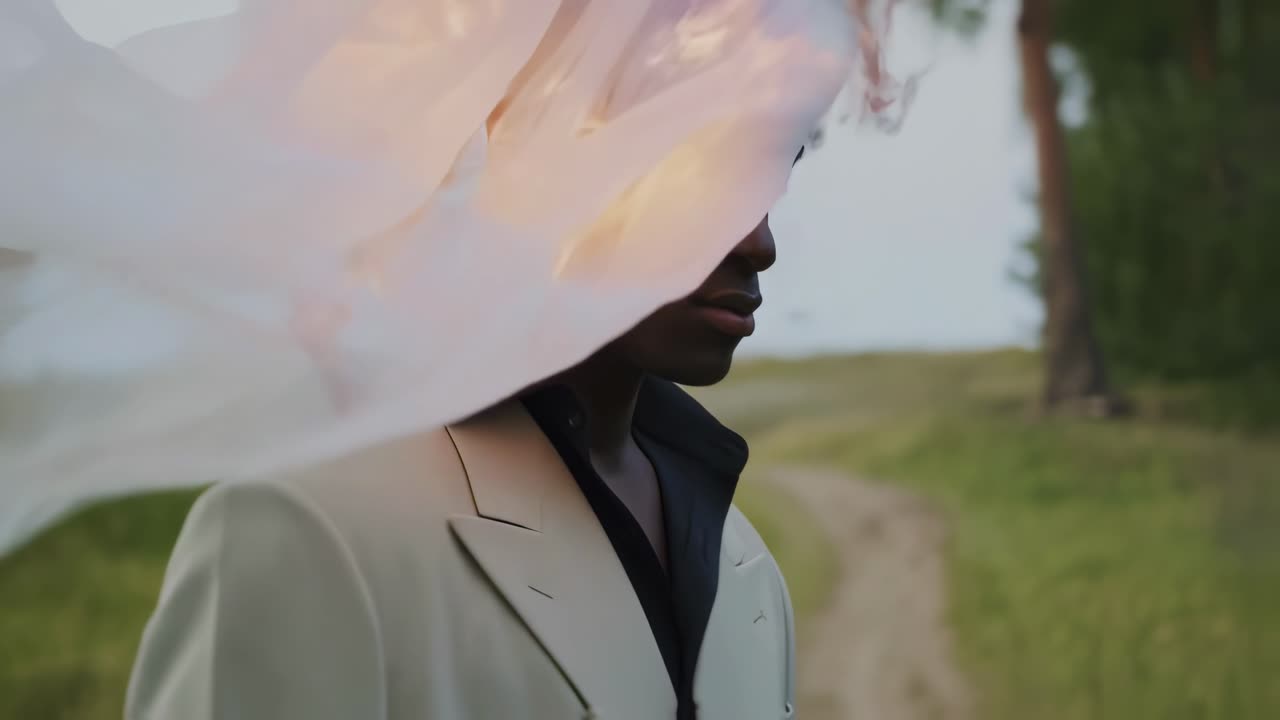 Stylish male model donning light colored suit, wearing burning white veil, standing in natural landscape, gazing away from camera with intense, mysterious expression