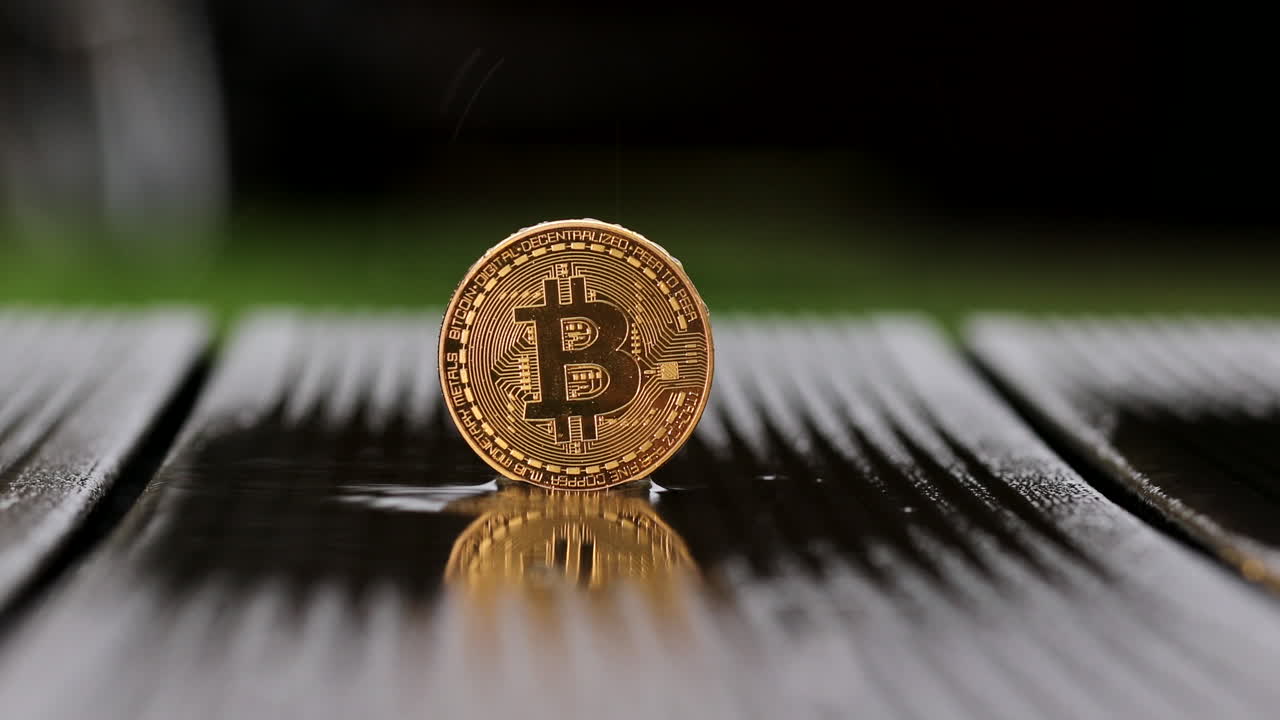 en bitcoin-mønte står i regnen
