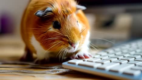 a guinea pig sitting on top of a computer keyboard