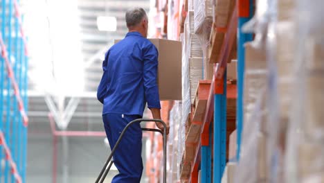 trabajador de almacén masculino usando una escalera para arreglar una caja de cartón