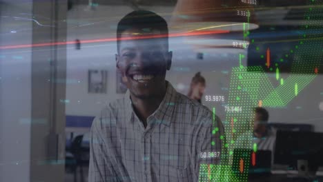 Animation-of-glitch-technique,-graphs-with-numbers,-smiling-african-american-man-in-office