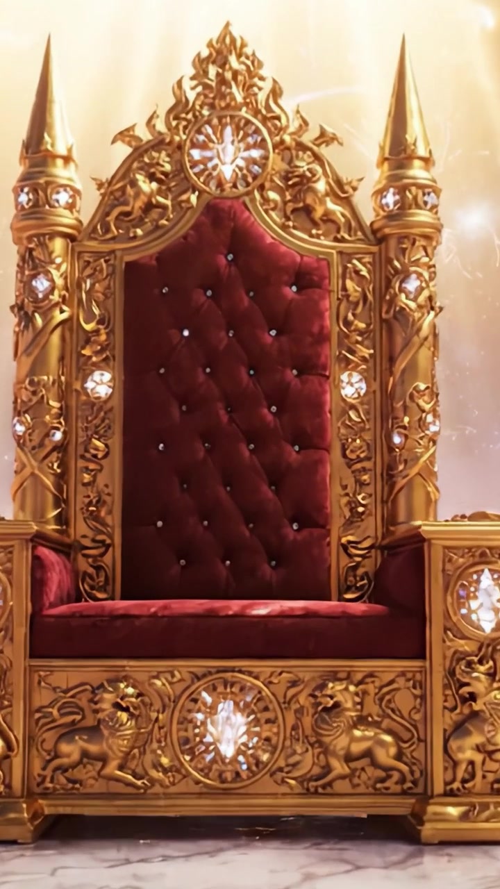 A Magnificent Royal Throne Adorned with Jewels and Extravagant Gold Detailing Set Against a Celestial Background of Soft Clouds and Radiant Light