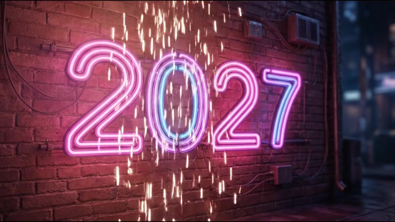 New year 2027 number animation featuring pink purple neon text on dark background