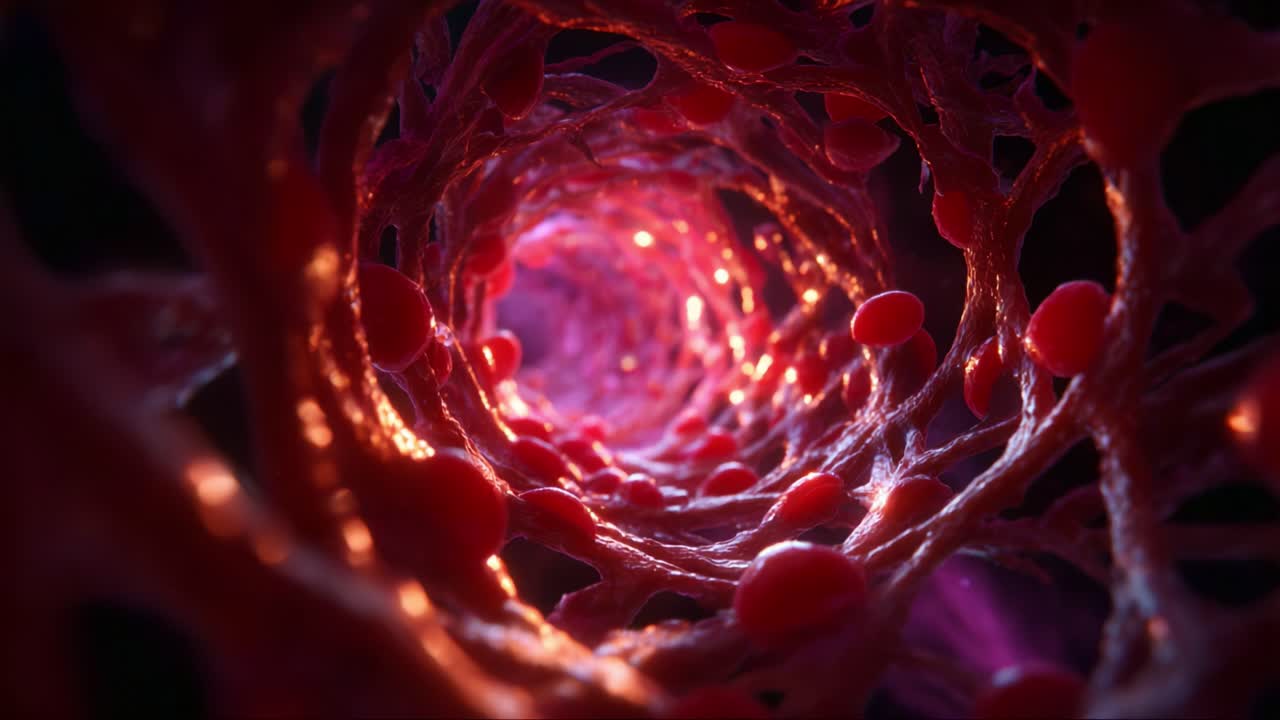 Intricate Visualization of Blood Vessel Structure with Streaming Red Blood Cells Illuminated by Internal Light, Capturing the Complexity of Human Circulatory System