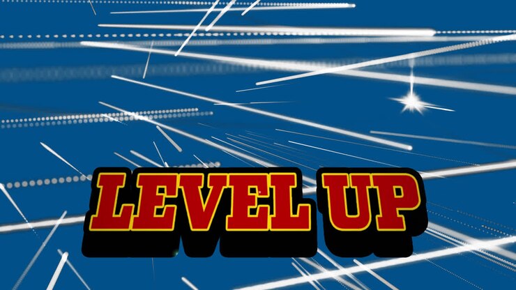 Animation of level up on blue background with white lines
