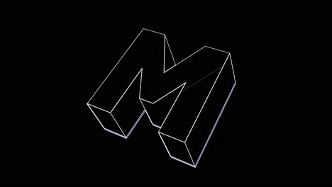 a 3d capital letter m model wireframe, rotating slowly and glitching