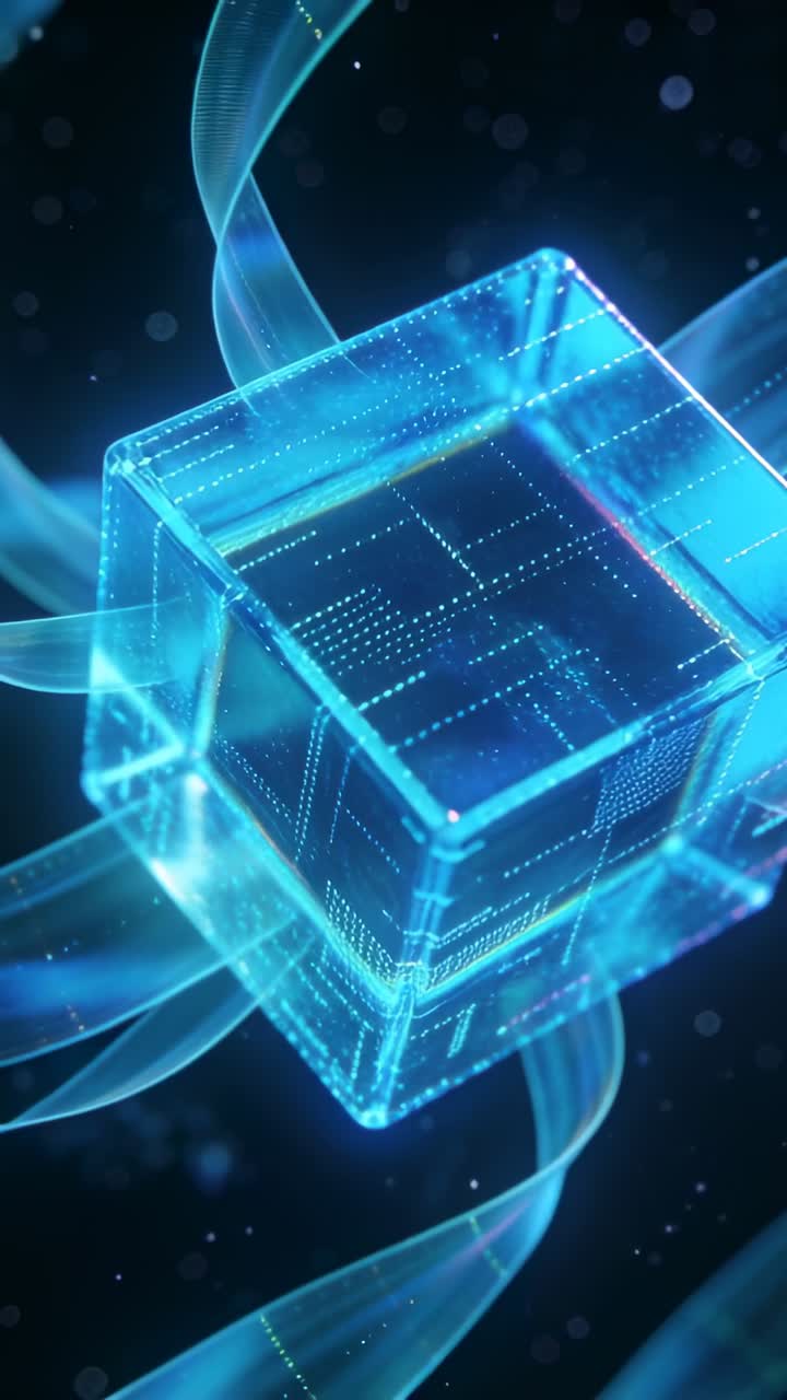 Vertical video: Starting cyan-blue cube rotating, revealing top face at dark void, ribbons wrapping