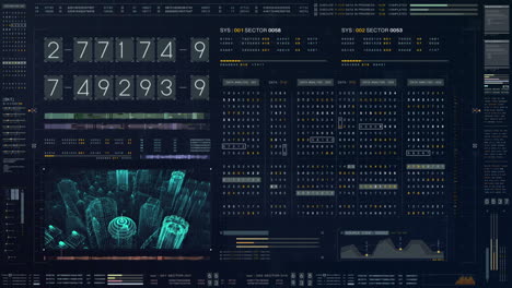 futuristic source code digital data telemetry motion graphic display screen with user interface display for digital background computer desktop display screen