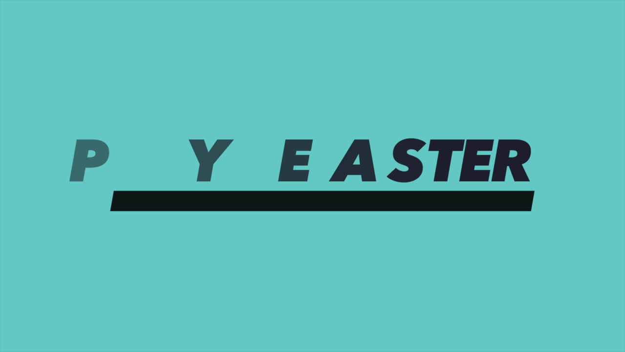 Happy Easter text on blue card with black lettering, featuring a festive border