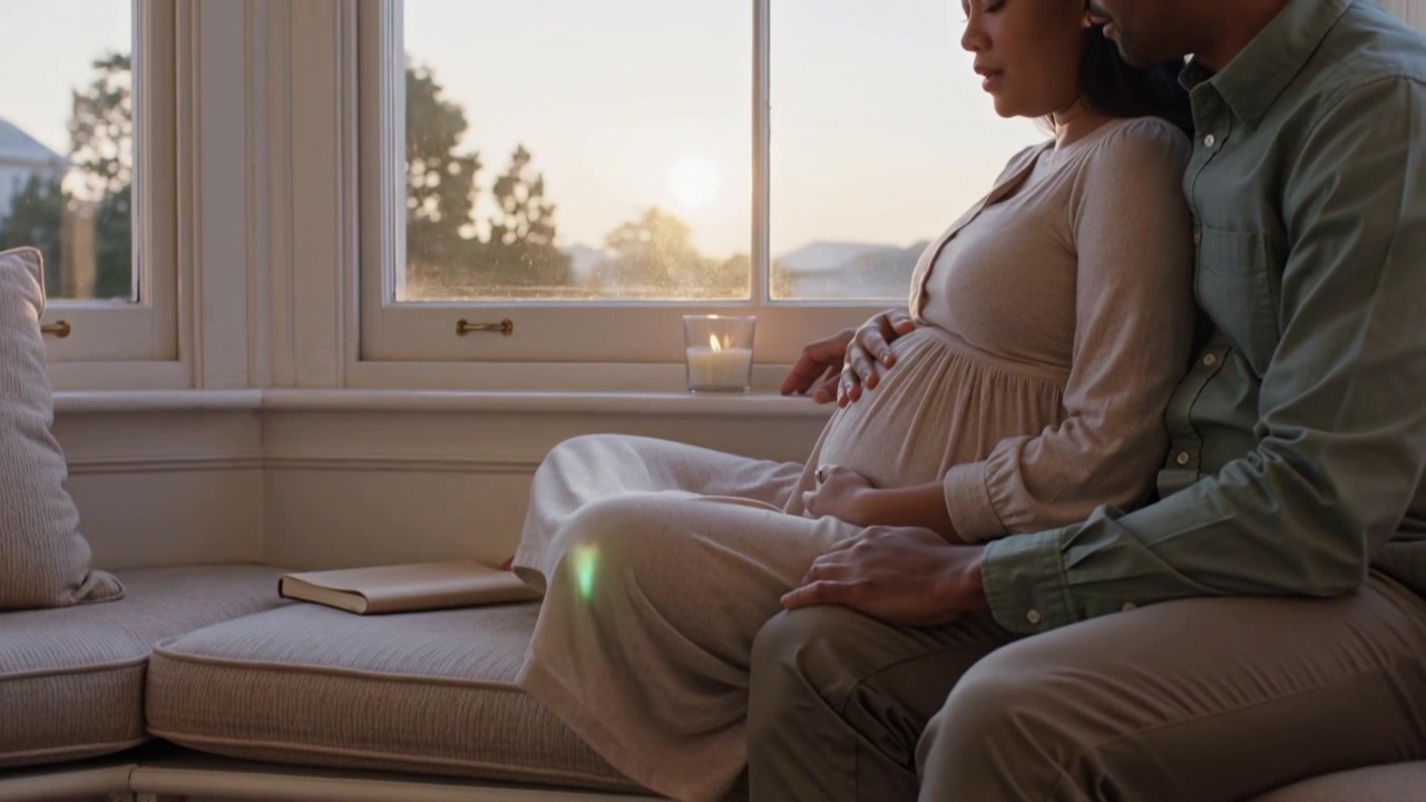 Placing hands on belly, mother in beige getting partner support, feeling baby at window seat, book