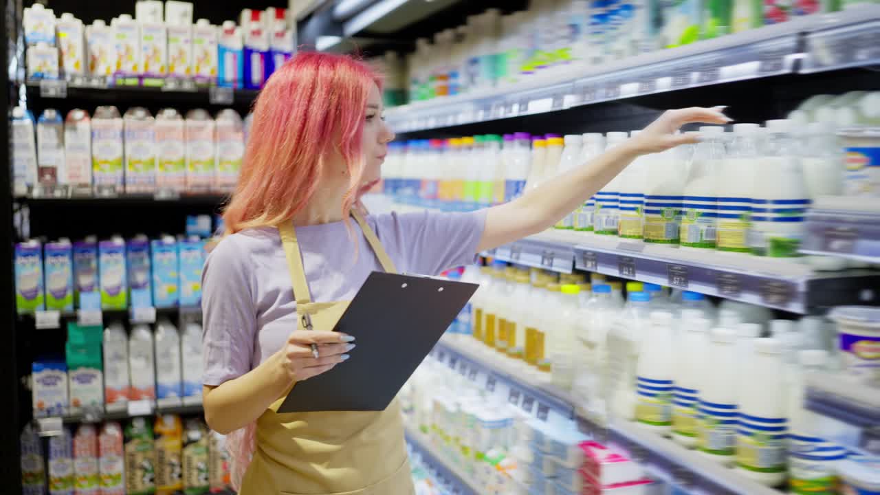 una trabajadora de supermercado con cabello rosa sostiene una tableta en sus manos y toma un inventario de productos lácteos en un estante en un supermercado