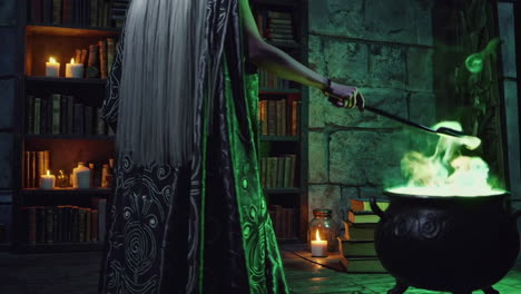 una bruja preparando una poción en una biblioteca oscura