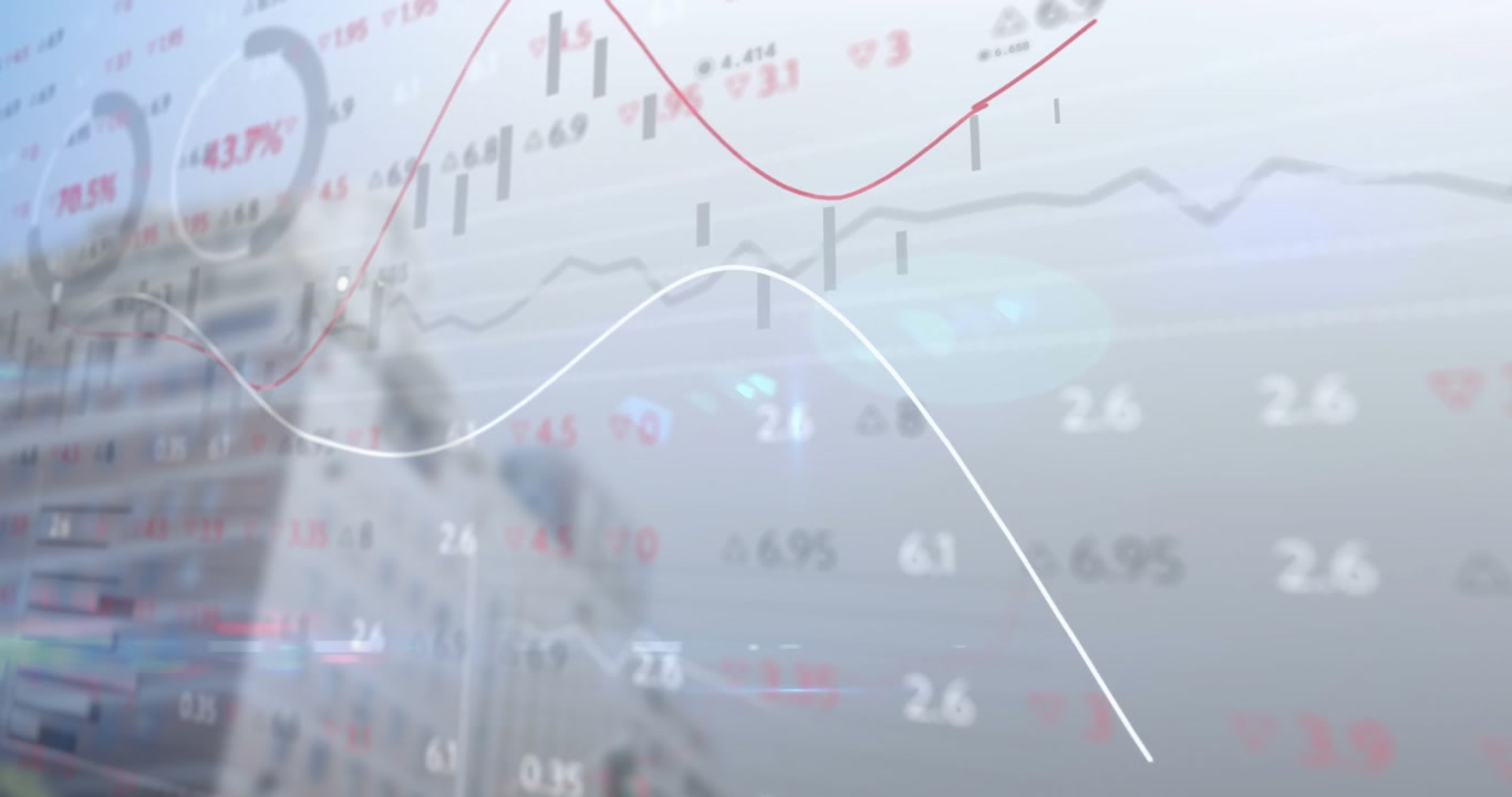 Red and white trend lines sweeping across financial dashboard, overlaying grey bars and numbers
