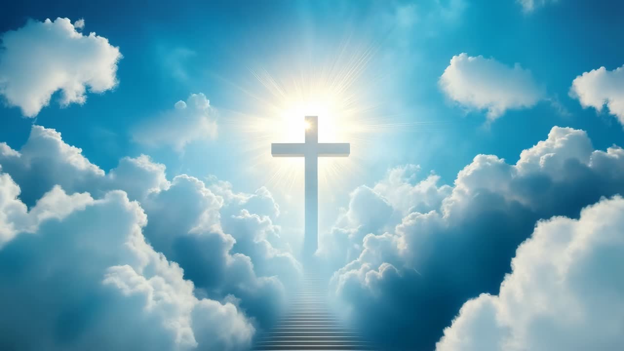 A heavenly scene with a cross amidst clouds, captured from a low angle