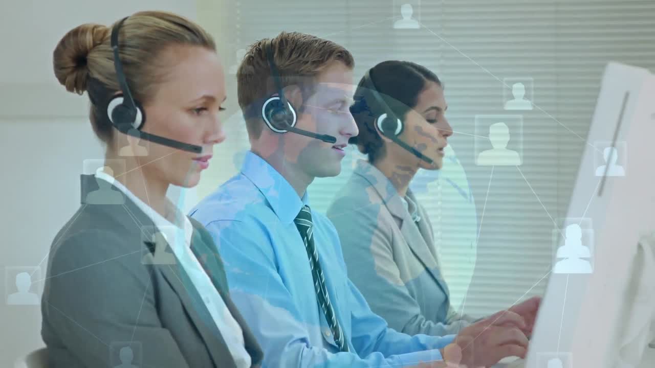 Animation of network of connections and icons over people wearing phone headsets