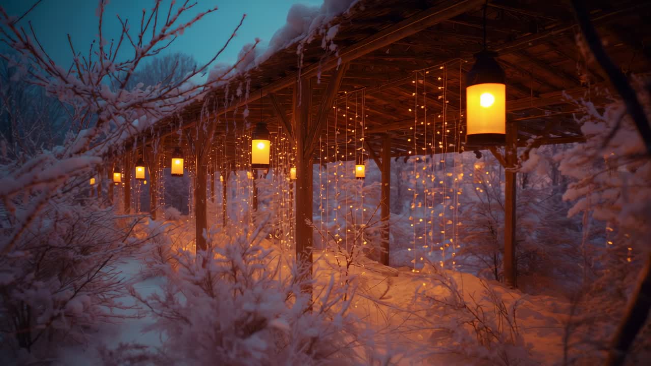 At dusk, camera gliding along snow-covered pergola walkway, with hanging lanterns and fairy lights