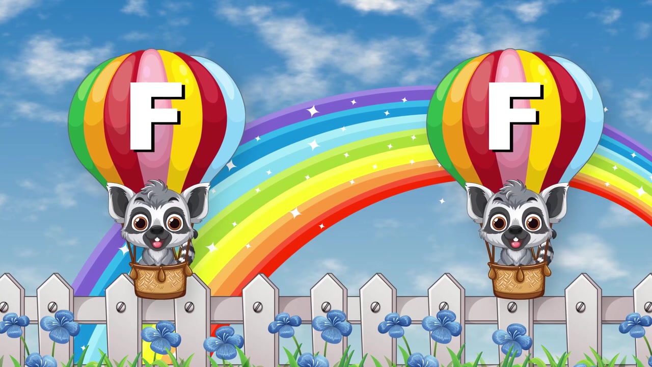 Personagens de Lêmures Animados Flutuam em Balões de Ar Quente Coloridos em um Fundo de Céu Ensolarado com Arco-Íris