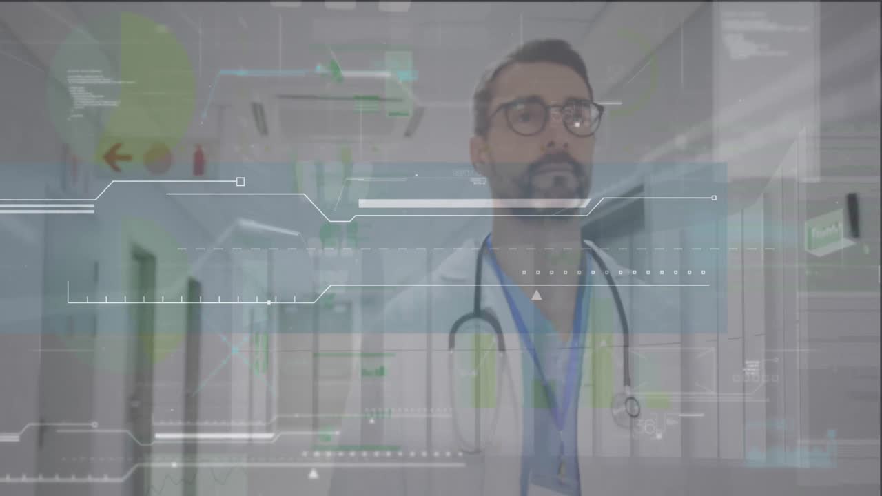 animación de la interfaz con el procesamiento de datos sobre el médico caucásico caminando por el pasillo del hospital.