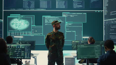militar privado supervisando la actividad de hacking gubernamental en la oficina de alta tecnología
