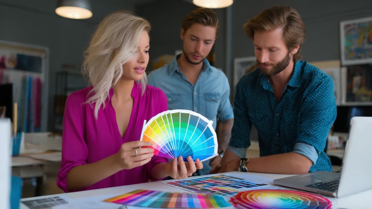 Creative Collaboration: A Team of Designers Engaged in a Color Selection Process While Reviewing Color Palettes and Swatches in a Modern Design Studio Environment