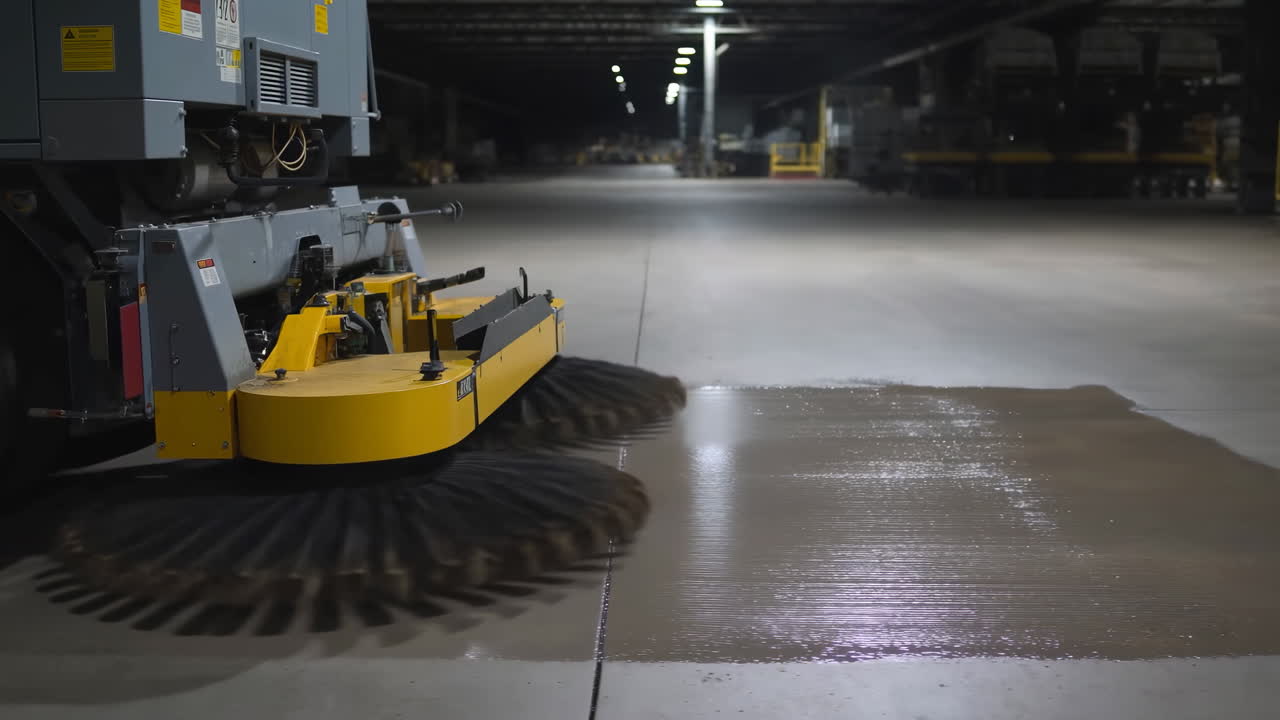 Yellow Floor Sweeper Cleans Warehouse Concrete Floor, Quiet Autonomous Machine Removing Dust With Rotating