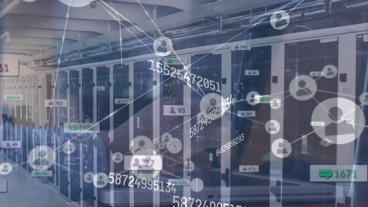 다채로운 떨어지는 숫자의 애니메이션과 컴퓨터 서버를 통한 연결 네트워크