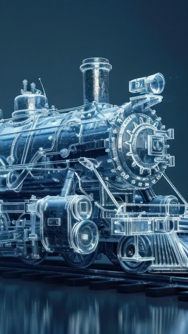 A video showcasing a low-angle view of a vintage steam locomotive made of ice, emitting steam, set
