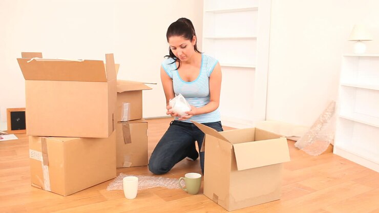 Brunette preparing cardboards