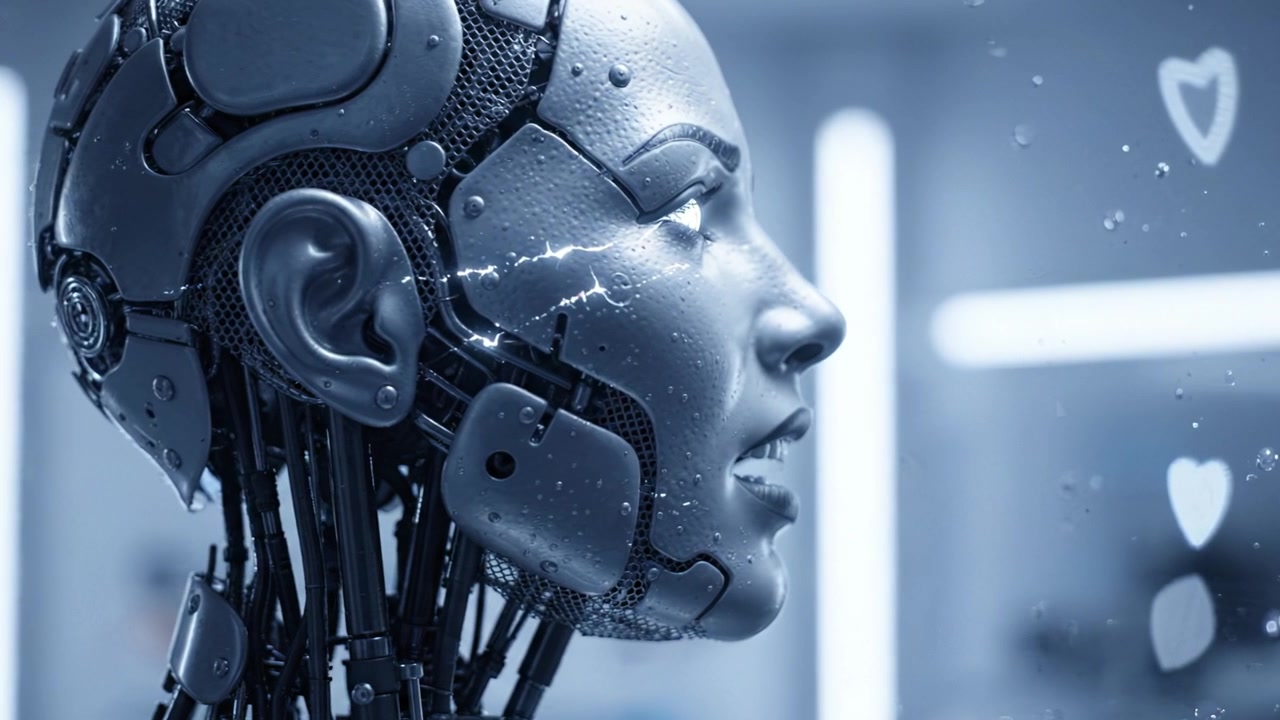 Primo piano di un volto di robot futuristico con goccioline d'acqua, che mostra funzionalità AI avanzate e intricati dettagli meccanici su uno sfondo luminoso e soffuso.