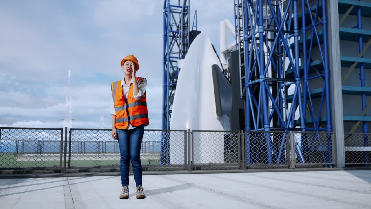 cuerpo lleno de ingeniera asiática con casco de seguridad gritando con la mano sobre la boca mientras estaba de pie con el transbordador espacial