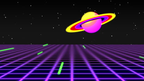 púrpura neón y planeta saturno en galaxia profunda