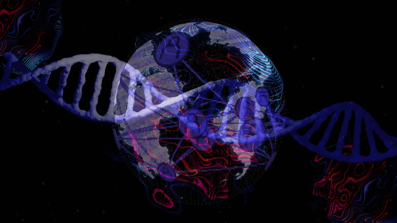 Helix shifting right, initiating nodes emerging over Earth as globe rotating, mapping network links