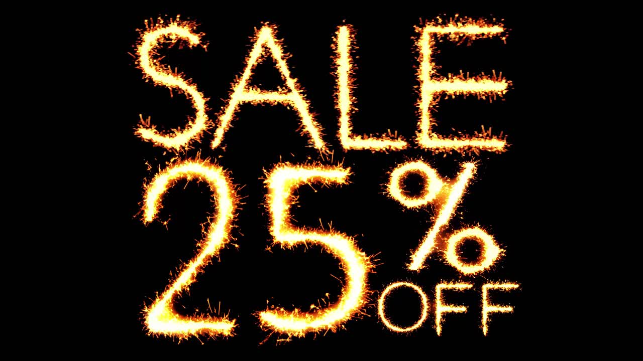 Sale 25 off text sparkler writing with glitter sparks particles firework on black 4k loop background