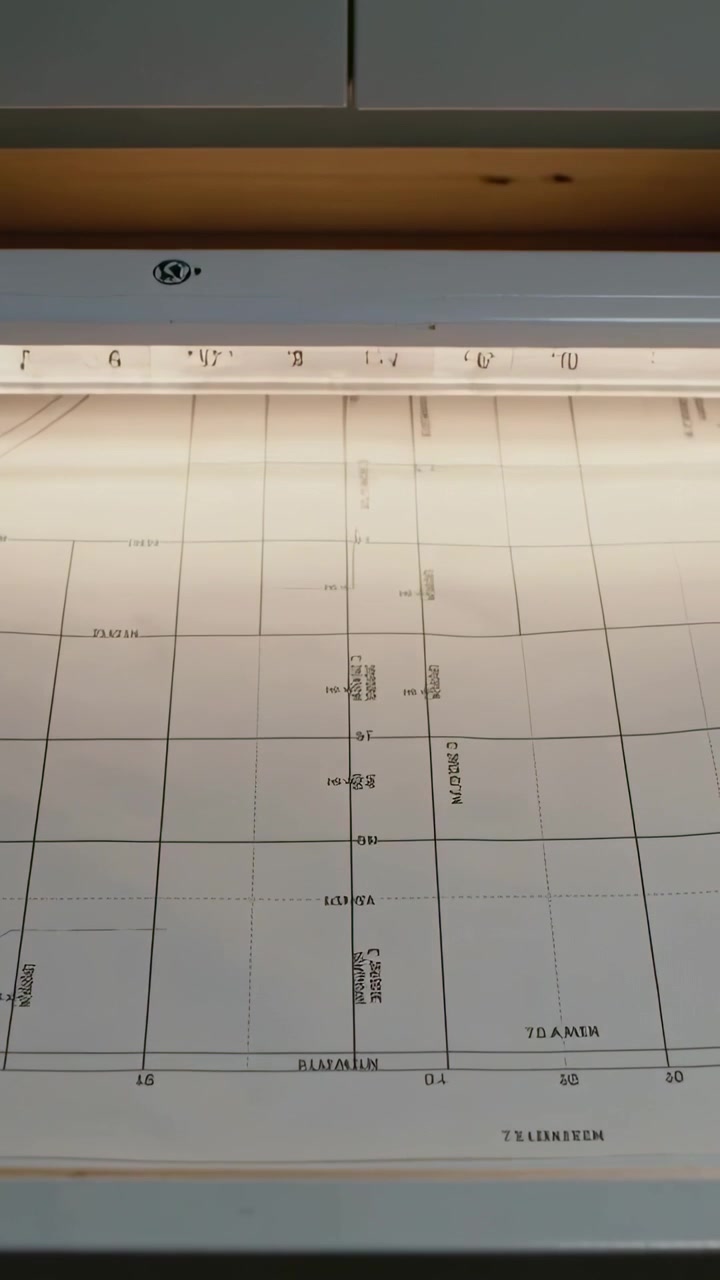 Vertical video: Moving camera revealing blueprint on backlit drafting table for inspection