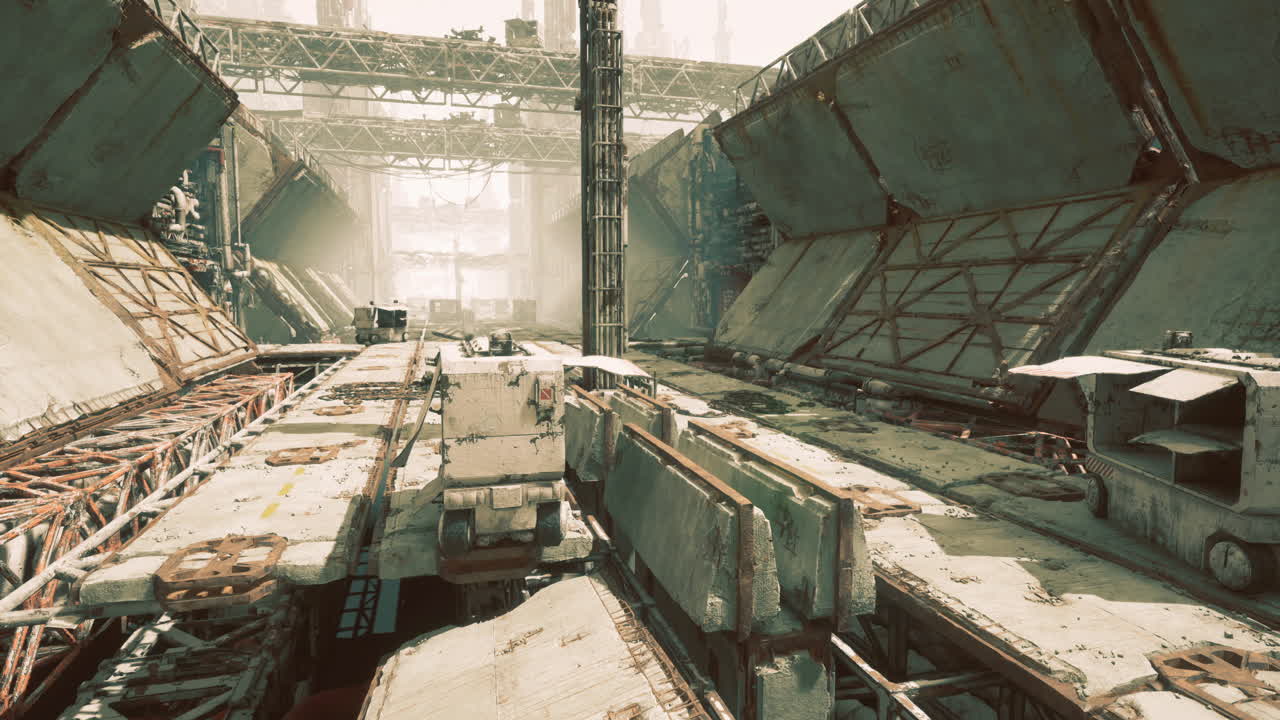 Abandoned industrial site featuring large machinery in disrepair