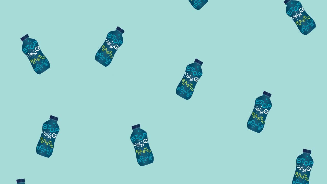 Animaatio "stop using plastic" -tekstistä, useiden putoavien muovipullojen päällä sinisellä taustalla