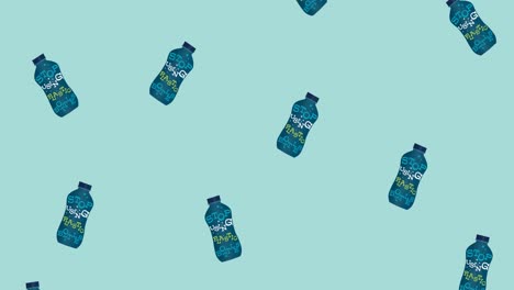Animation-of-text-stop-using-plastic,-on-multiple-falling-plastic-bottles-on-blue-background