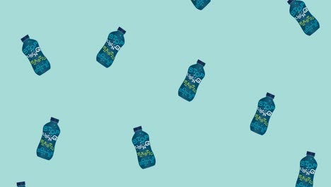 animation of text stop using plastic, on multiple falling plastic bottles on blue background