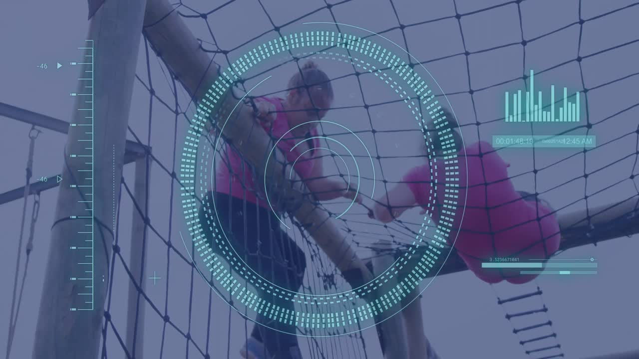 장애물 코스 등반에서 다양한 여성에 대한 데이터 처리 및 범위 스캔의 애니메이션