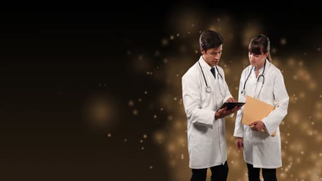 Animation-of-caucasian-male-and-female-doctors-over-light-spots-on-black-background