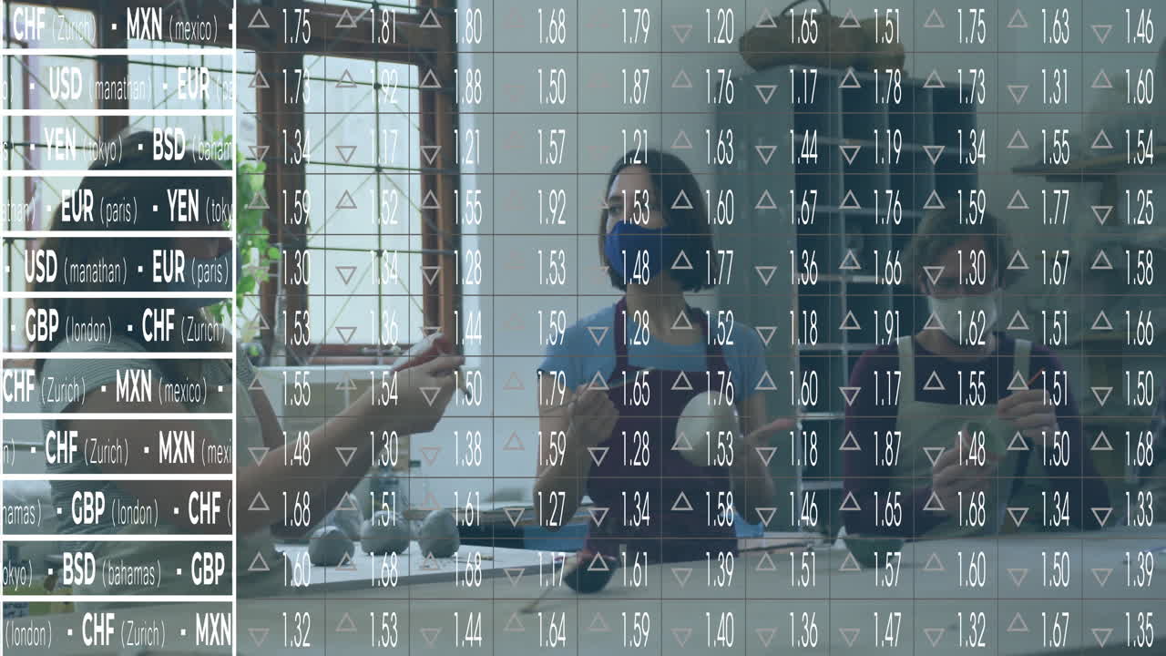 In modern office, diverse team discussing financial data with animation overlaying