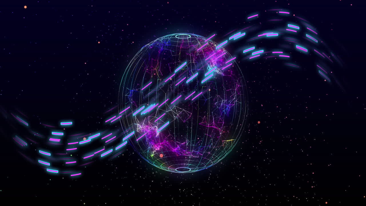 Animation of glowing light trails of data transfer over globe moving in fast motion