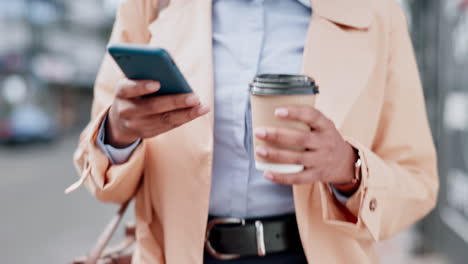 Person,-hands-and-scroll-phone-on-coffee-break