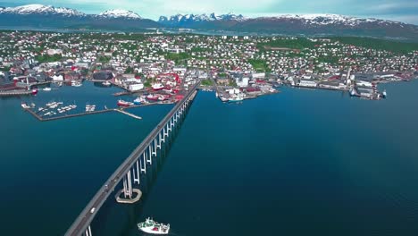 Bridge-of-city-Tromso,-Norway-Aerial-footage