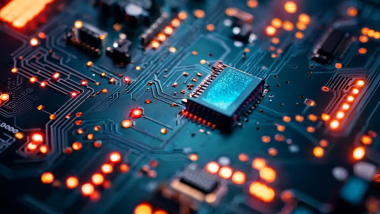 A close up of a computer circuit board with red lights