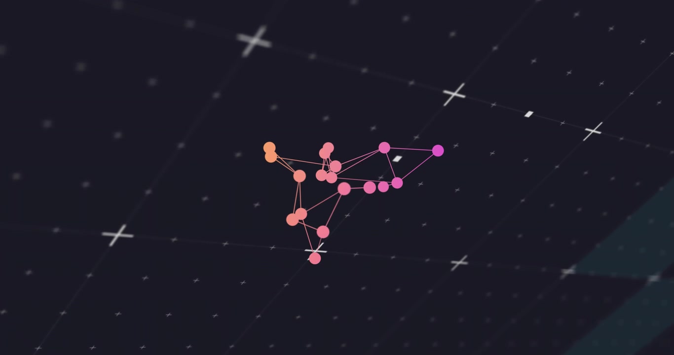 Colored dots materializing at center linking merging into network above teal plane amid cross grid